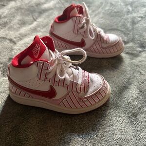 Nike Kids White and Red High-Top Sneakers with Stripe Detail